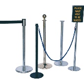 Crowd Control Stands - Post and ropes - Dog clip or tamper resistant ends, Ball Tops, Ring tops, Lightweight - Retractable Belt (Tensabarrier) type - Chrome or Black with 2 metre Black , Blue or Red belt